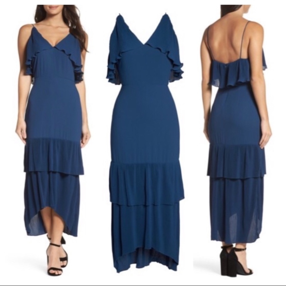 Copper St Blue Kate Pleated Ruffle Midi Dress